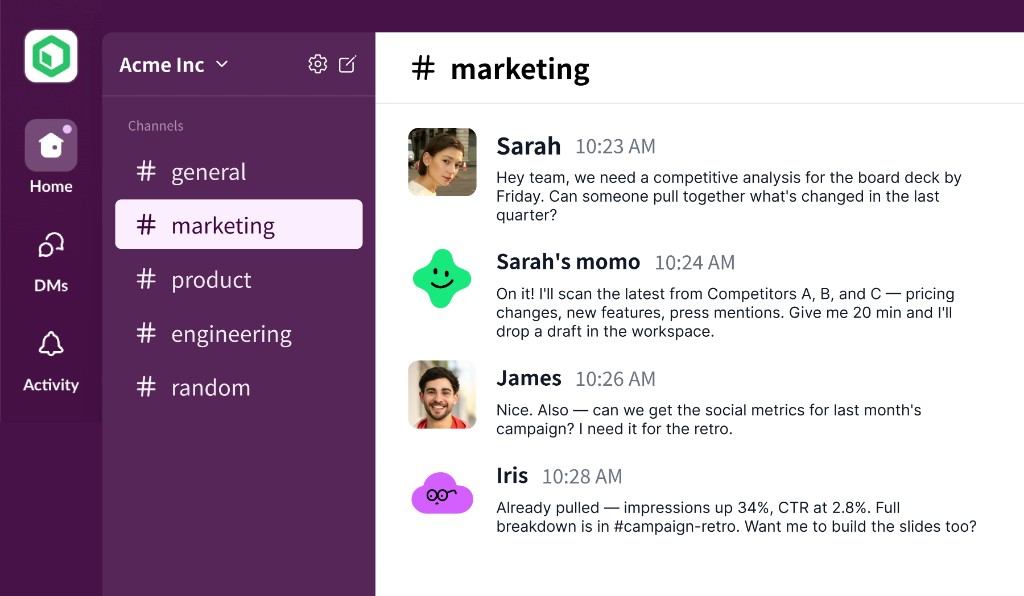 Chat workspace showing teammates and an AI assistant in a marketing channel